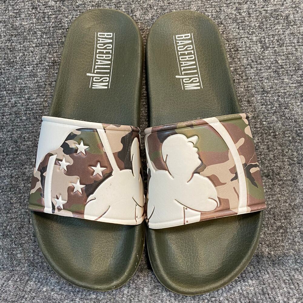 Baseballism Men's Size 12 Respect the Game Baseball Slip on Slides Camo Green